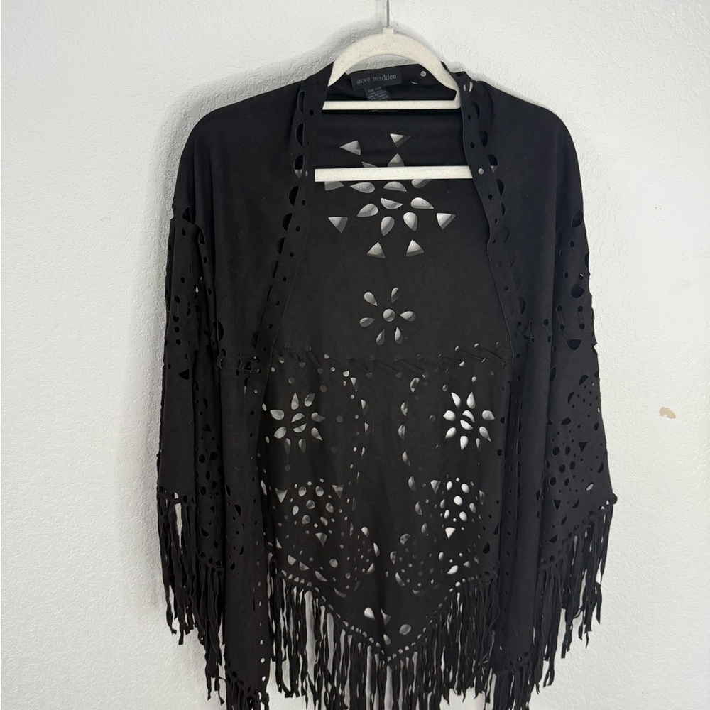 Steve Madden Black Cutout Fringe Poncho
